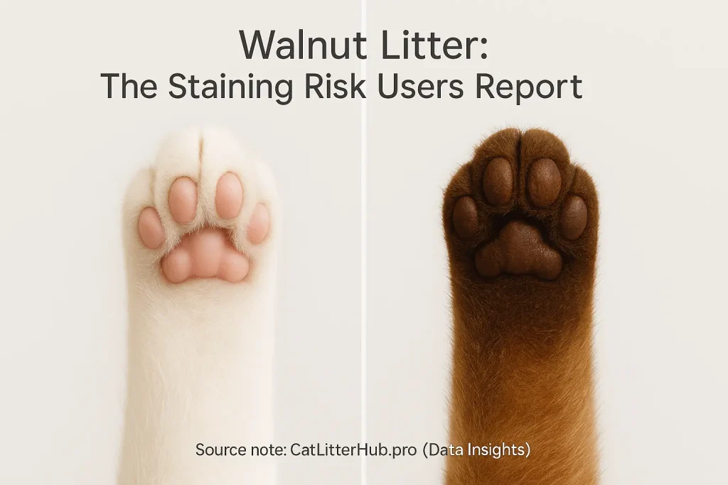 Split panel infographic: Clean paw vs. paw heavily stained dark brown, showing walnut litter staining users report.