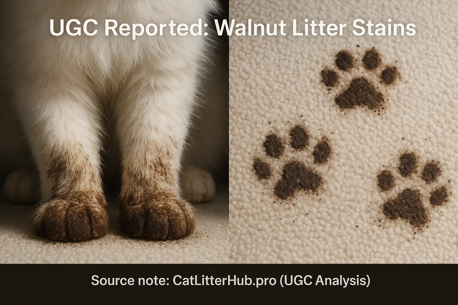Split image: cat's dark-stained paws; light carpet with dark paw prints. Confirms user reports of walnut litter staining.