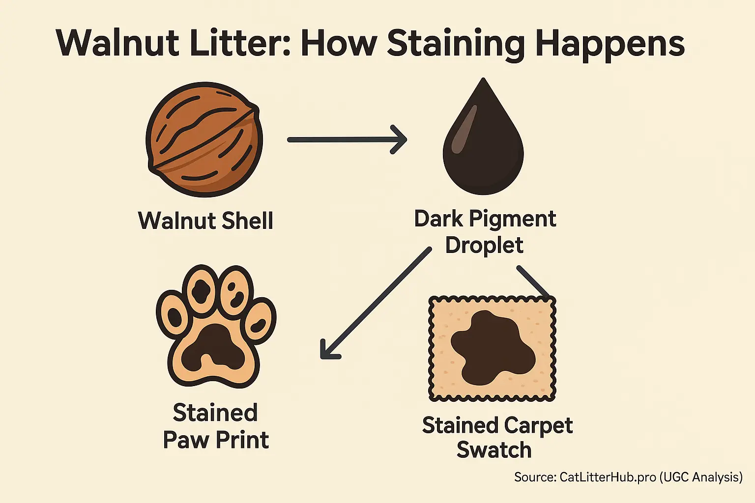 Walnut shell icon to dark pigment droplet, then to stained paw & carpet icons, showing walnut litter staining.