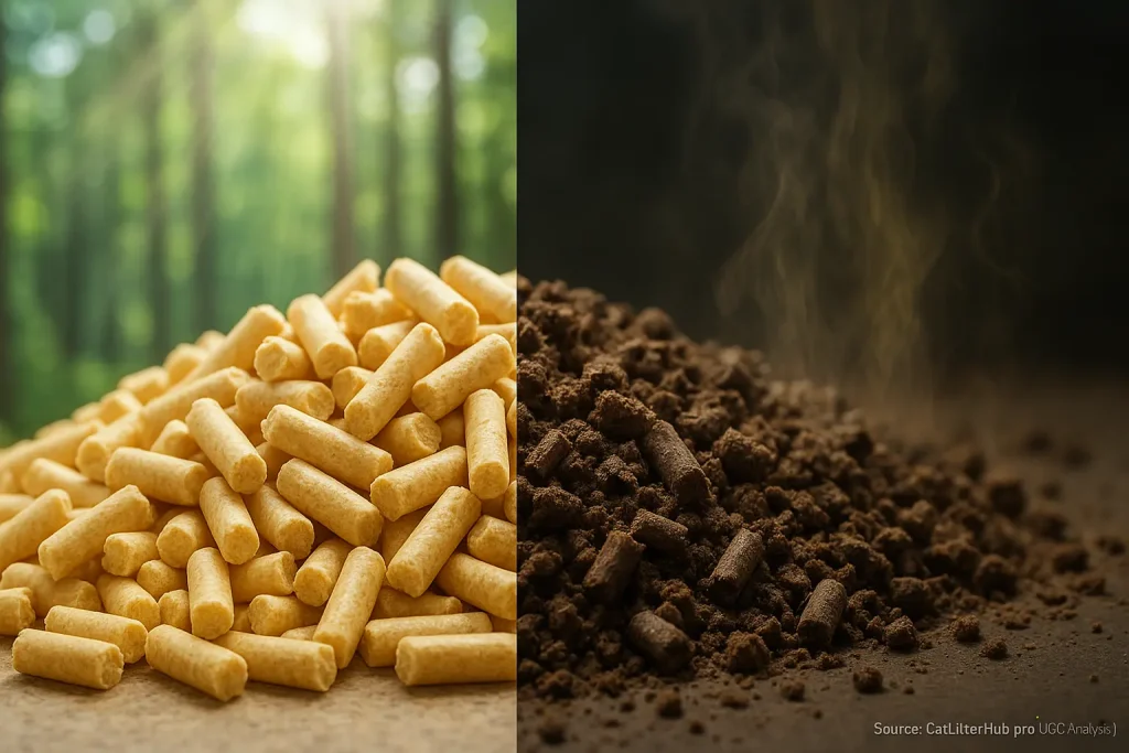 Split panel: Fresh, light pine pellets with pleasant scent cues versus dark, degraded sawdust with musty odor cues.