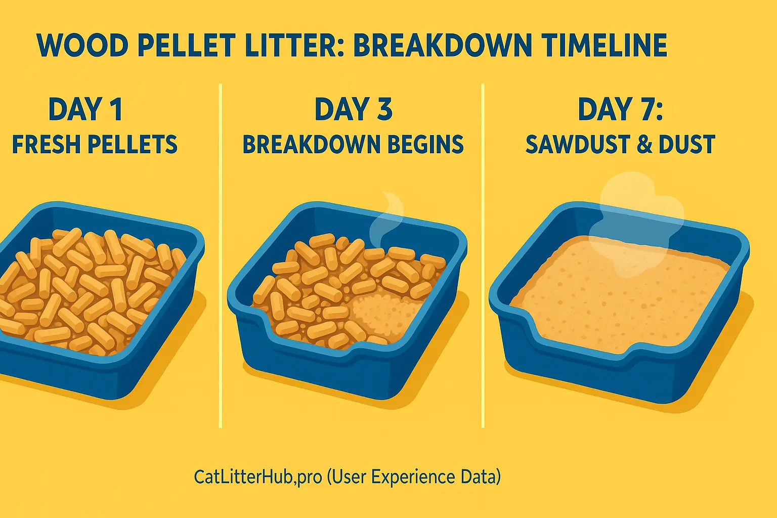 Wood pellet litter breakdown timeline: Day 1 intact, Day 3 crumbling, Day 7 fine sawdust with visible dust cloud.