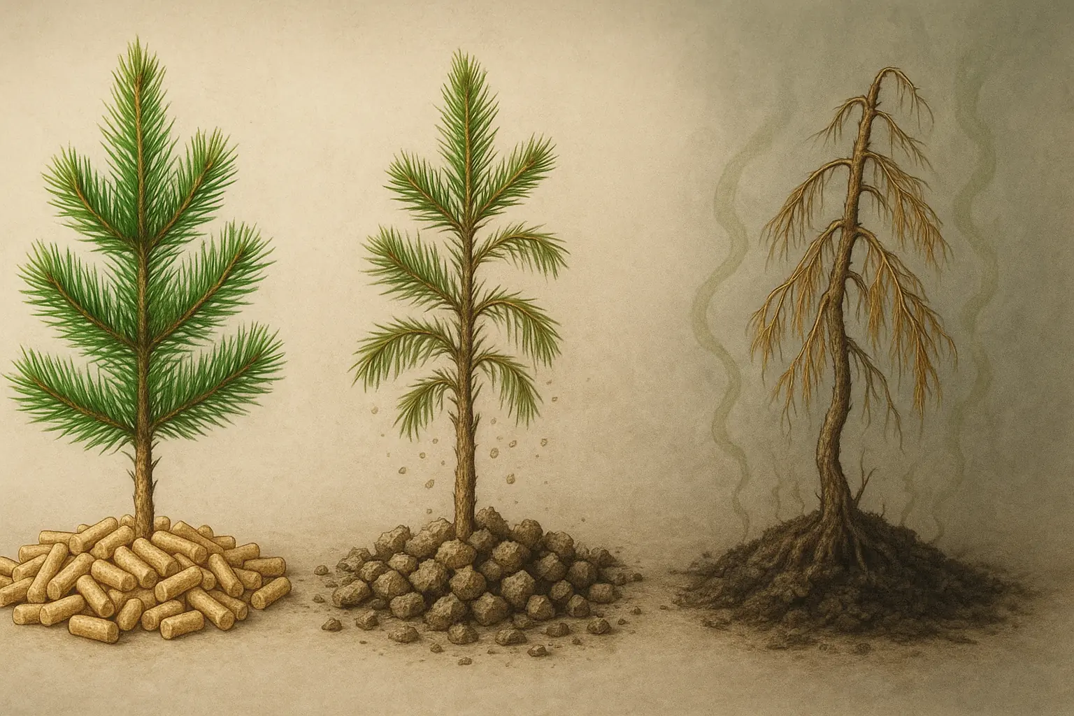 Fresh pine tree gradually wilts into a sad, discolored, odorous plant, showing scents turning sour.
