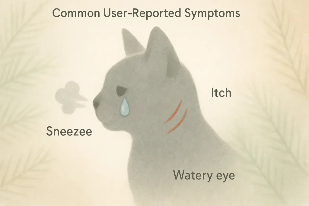 Stylized cat silhouette with sneeze clouds, itch marks, watery eye, depicting user-reported pine litter symptoms.