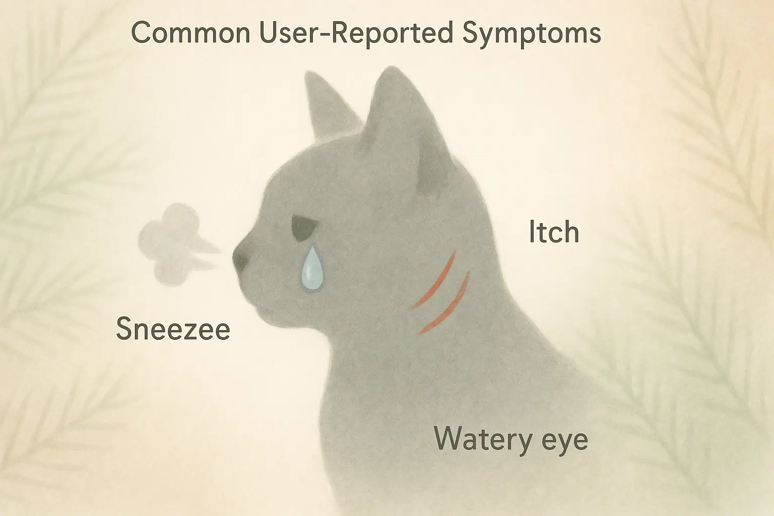 Stylized cat silhouette with sneeze clouds, itch marks, watery eye, depicting user-reported pine litter symptoms.