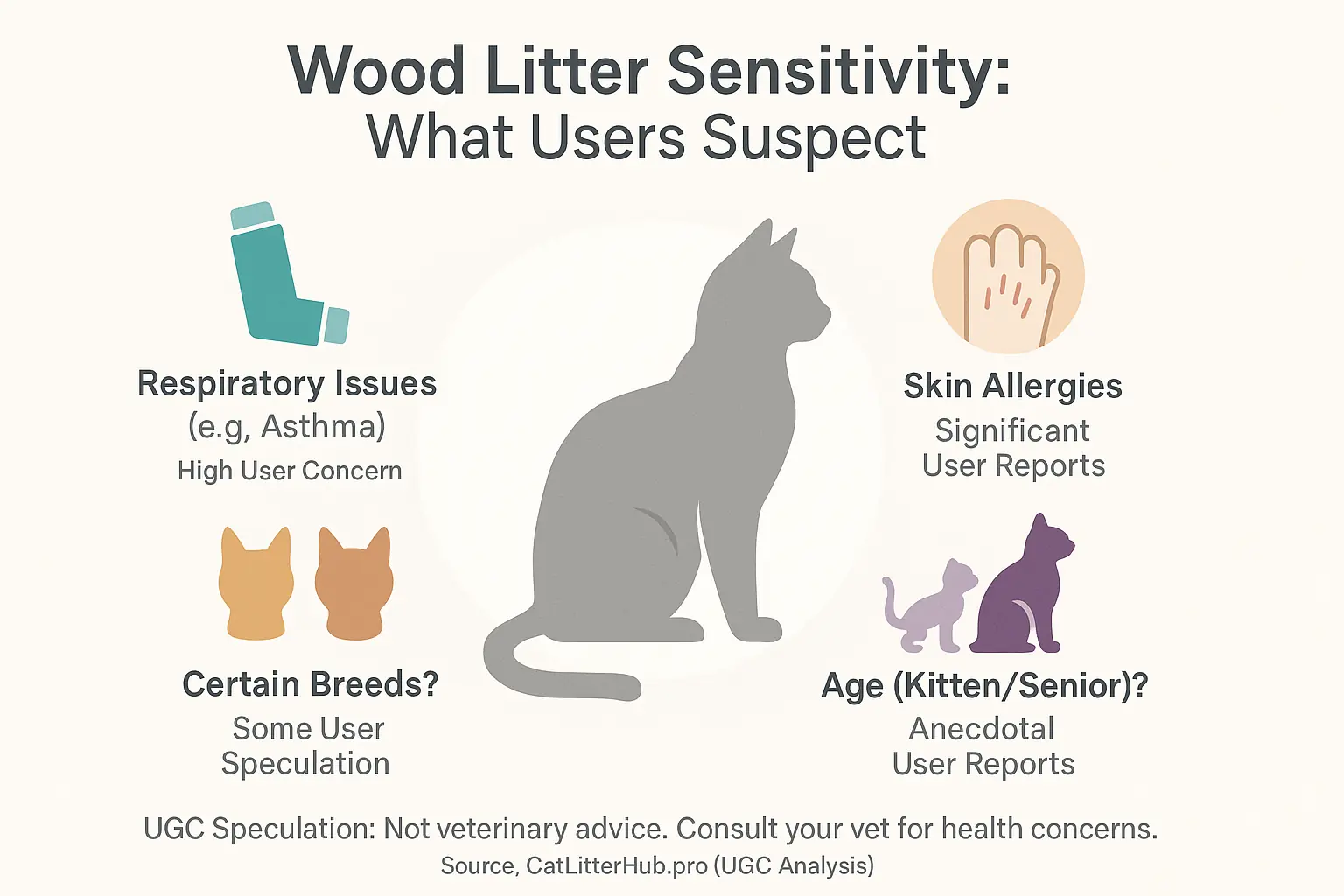 Infographic: Cat silhouette with icons showing user-speculated factors (breed, asthma, allergies, age) for wood litter