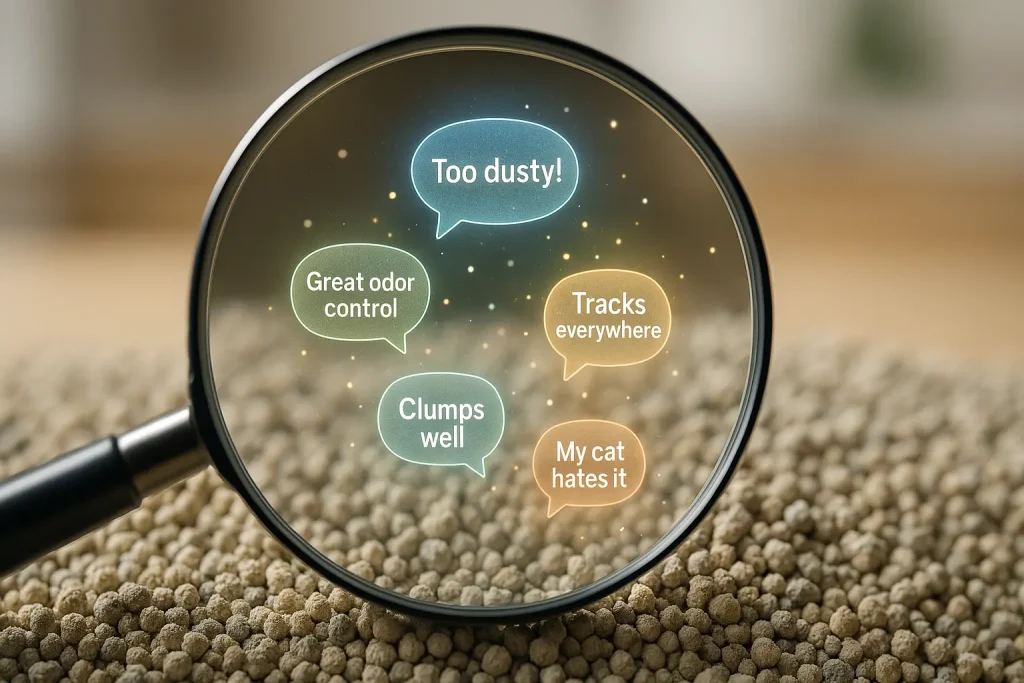 Magnifying glass over cat litter reveals tiny, glowing 'user truth' speech bubbles among granules.