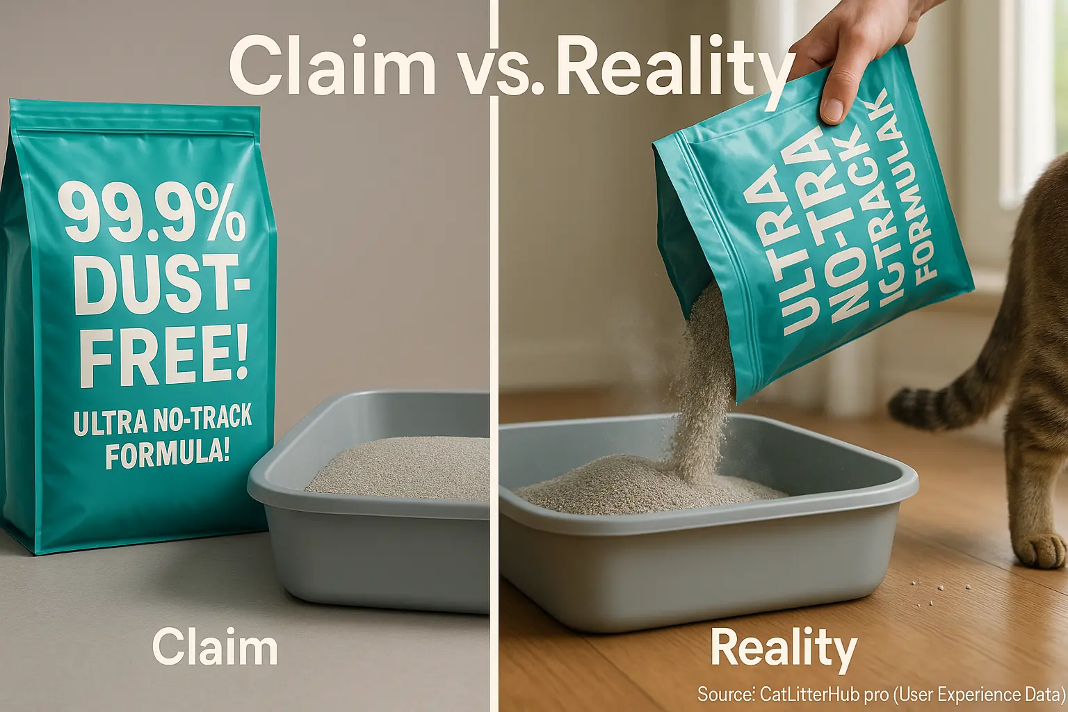 'Claim vs. Reality' infographic: perfect marketing litter (left) contrasts realistic litter with dust/tracking (right).