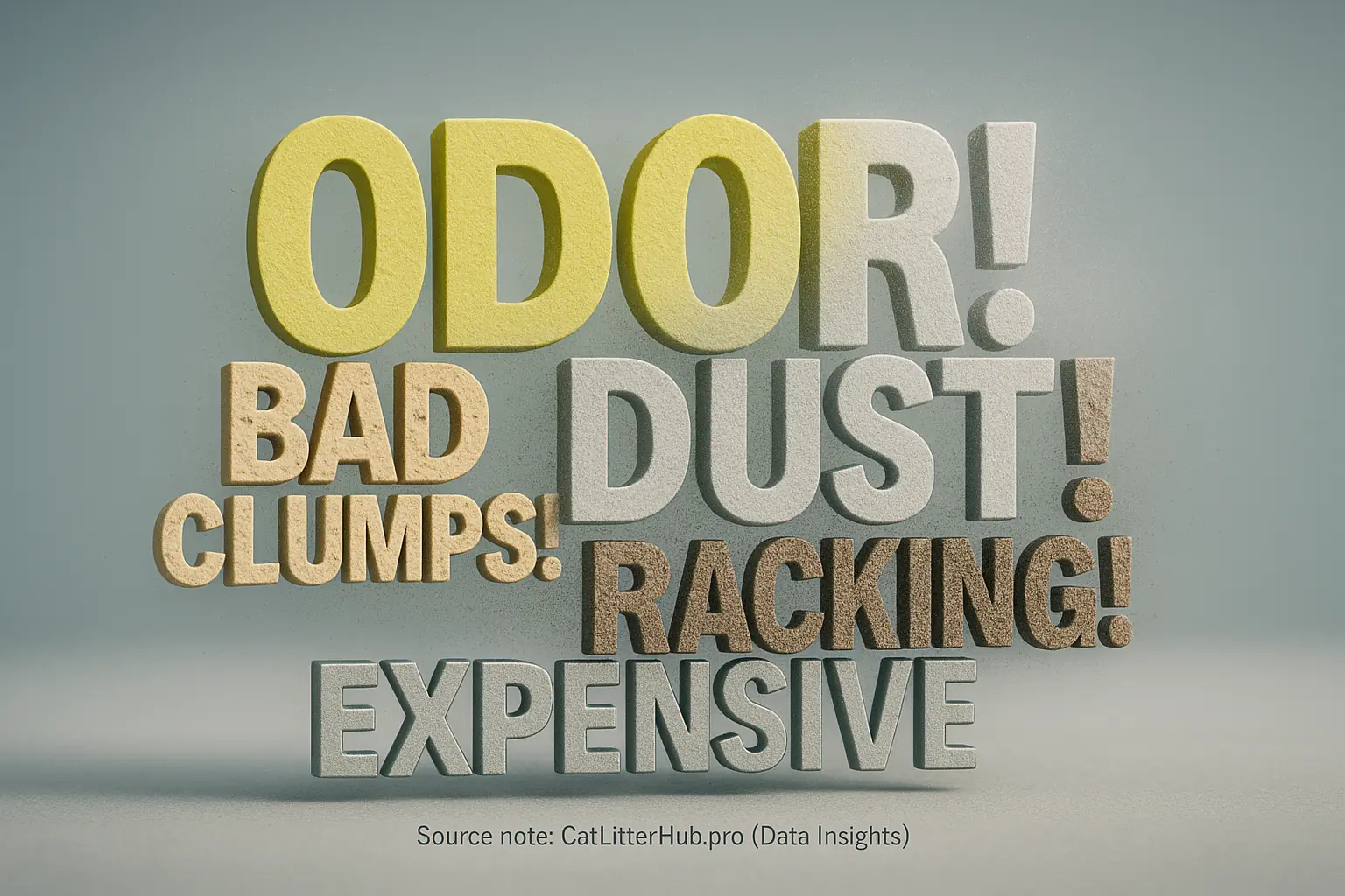 Litter complaints 'Odor!', 'Dust!', 'Tracking!', 'Bad Clumps!', 'Expensive!' sized by frequency.