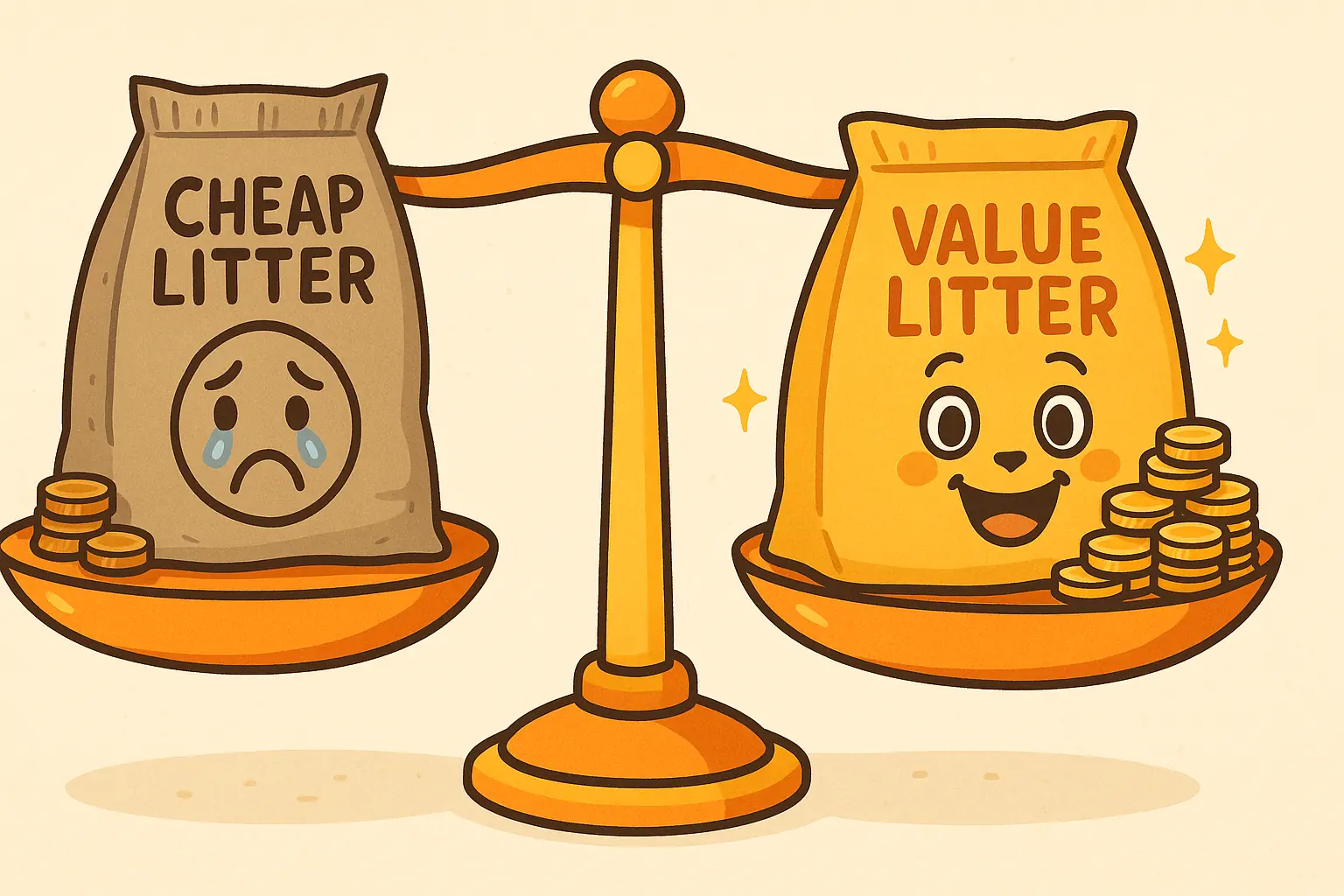 Scales: 'value' litter (happy, more coins) outweighs 'cheap' litter (sad, fewer coins), showing better long-term value.