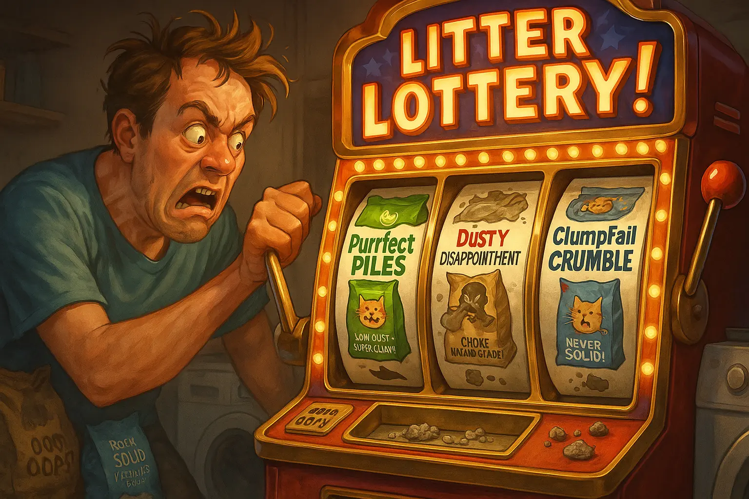 Frustrated cat owner plays 'litter lottery' on a slot machine with good, dusty, & bad litter bag symbols, showing