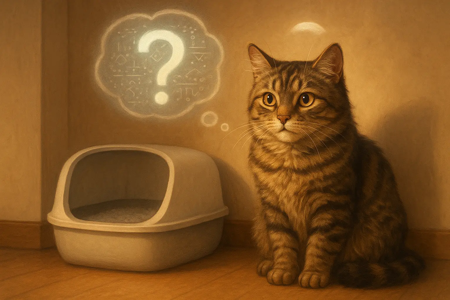 Thoughtful cat by litter box, question mark or idea bubble overhead, symbolizing its mysterious feline litter perspective.