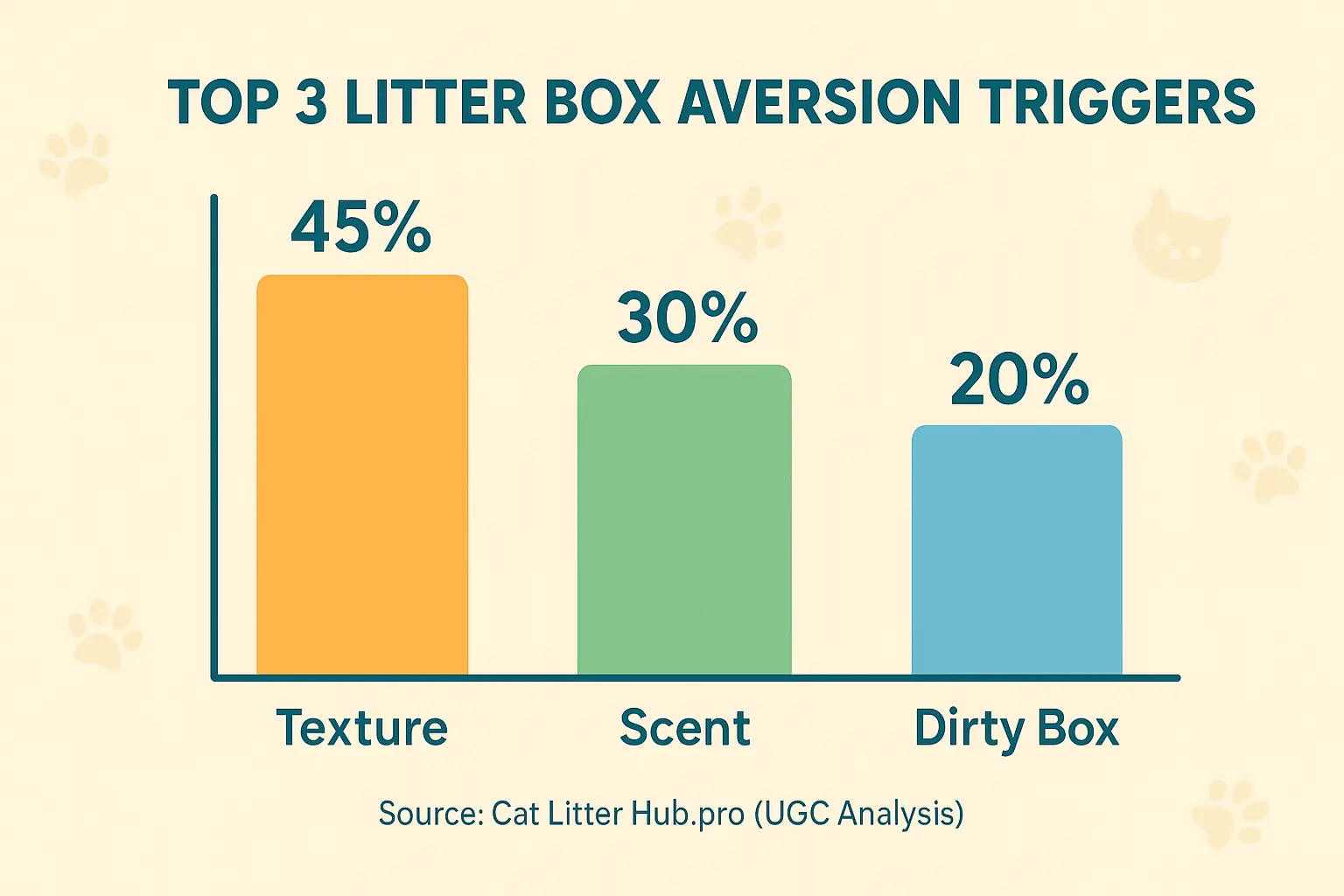 Bar chart: Top reasons cats avoid litter boxes: Dirty Box (55%), Texture (25%), Scent (15%).
