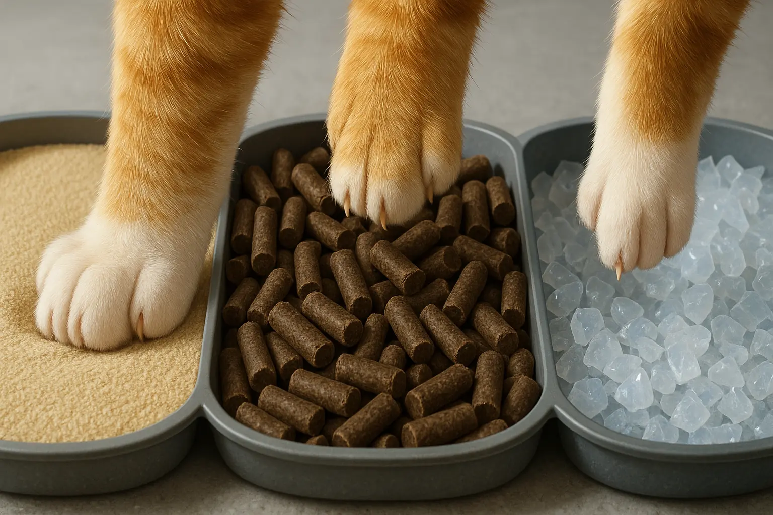 Close-up of cat's paw tentatively touching fine sand-like, large pellet & sharp crystal litters, gauging preference.
