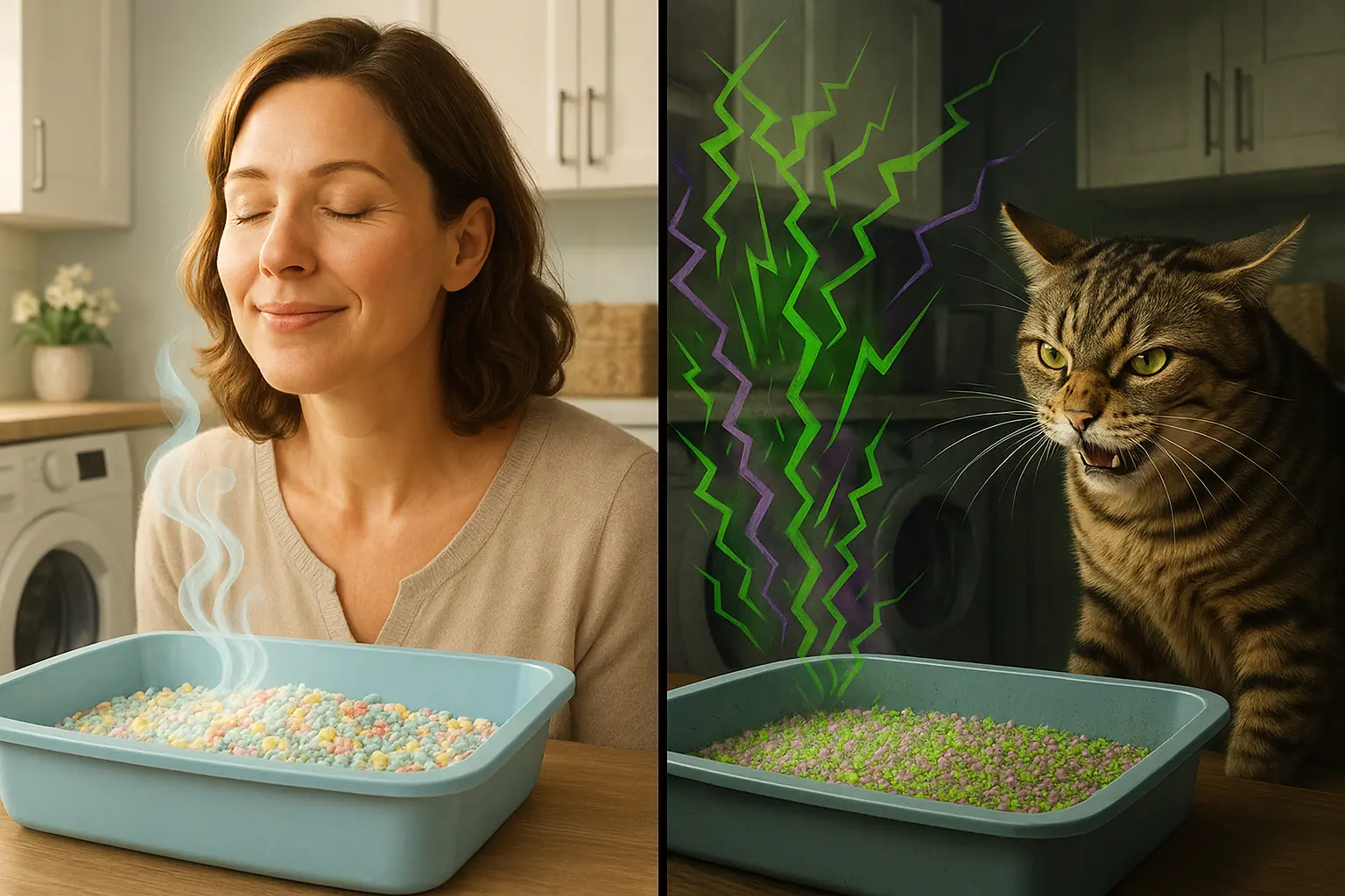 Split image: Owner loves scented litter; cat recoils, disgusted by the 'pleasant' scent—a feline nightmare.
