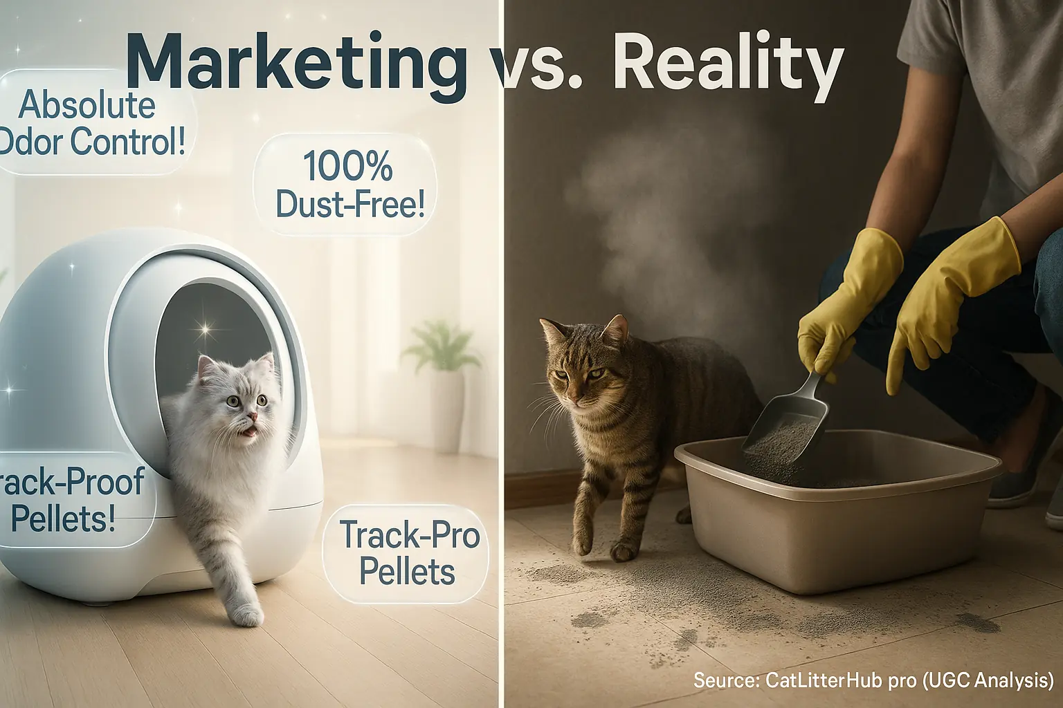 Split image: Marketing's ideal cat litter (happy cat, clean) vs. user's reality (messy, owner). 'Marketing vs. Reality' text.