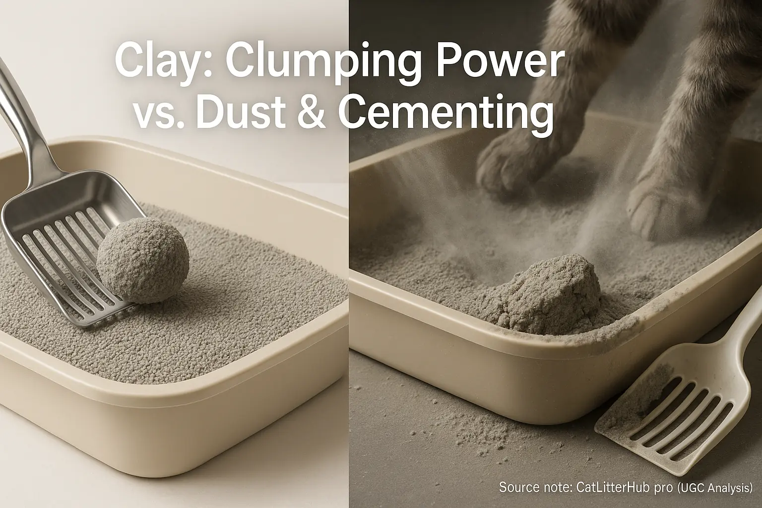 Split: Easy-scoop clay clump (clumping power) left; dusty, cemented litter (dust & cementing) right.