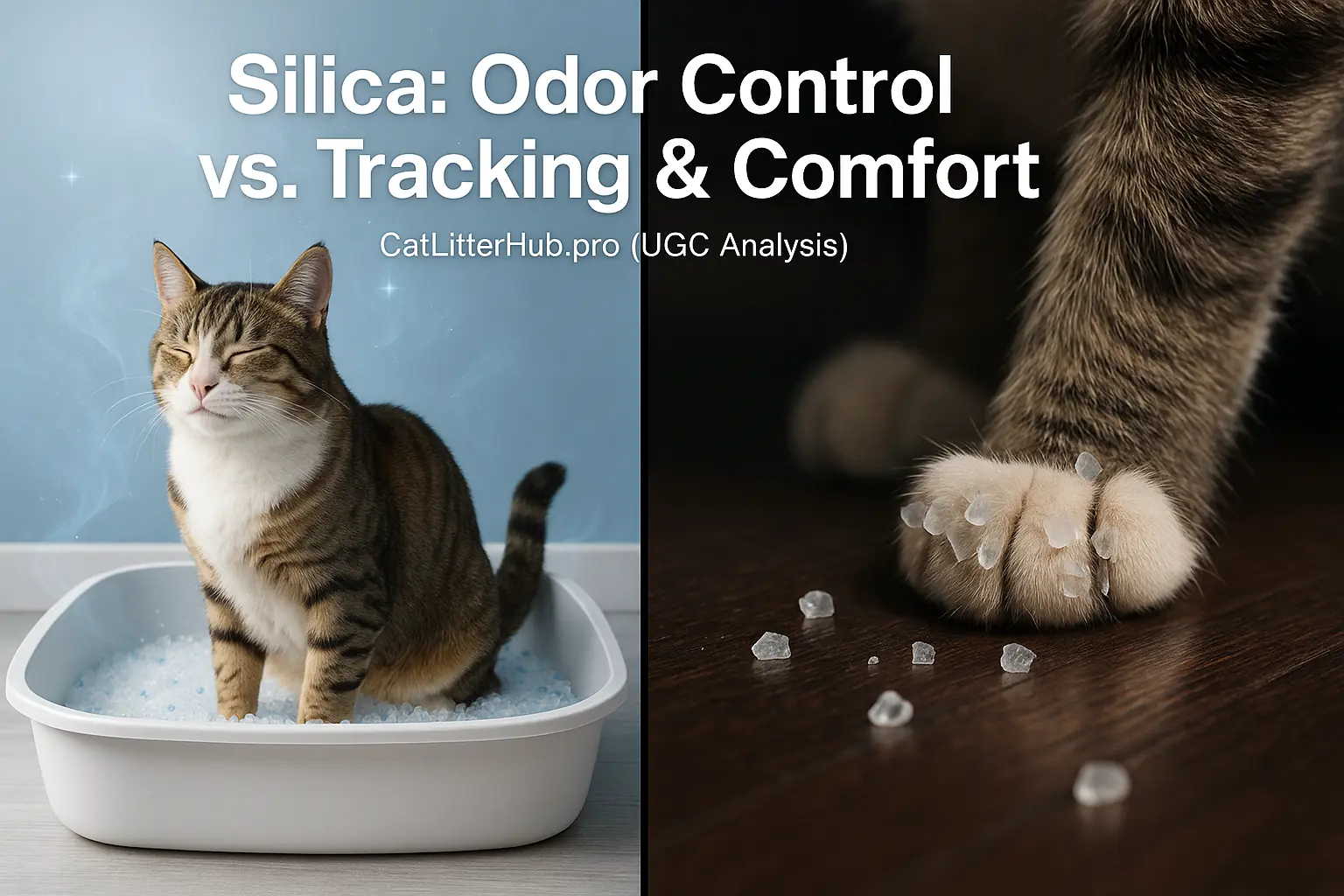 Split: Cat in fresh box vs. silica on paws/floor. Text: 'Silica: Odor Control vs. Tracking & Comfort'.