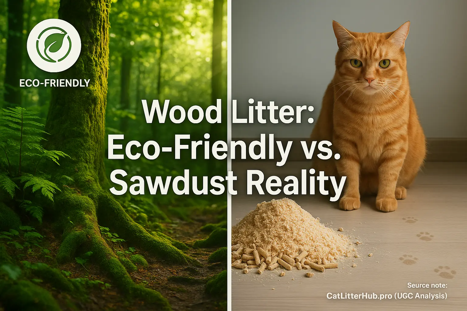 Split view: Forest with 'Eco-Friendly' icon; messy pile of sawdust. Text: 'Wood Litter: Eco-Friendly vs. Sawdust Reality'.