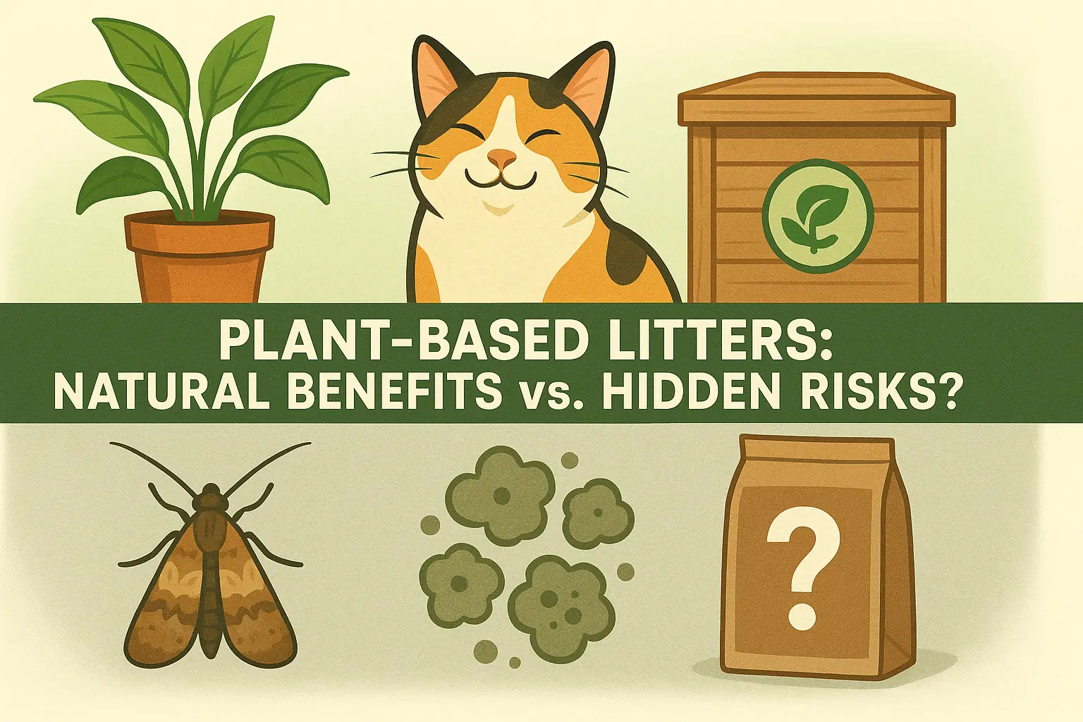 Collage: plant-based litter pros (plant, cat, compost) vs cons (bugs, mold, ? on bag). Text: 'Natural Benefits vs. Hidden