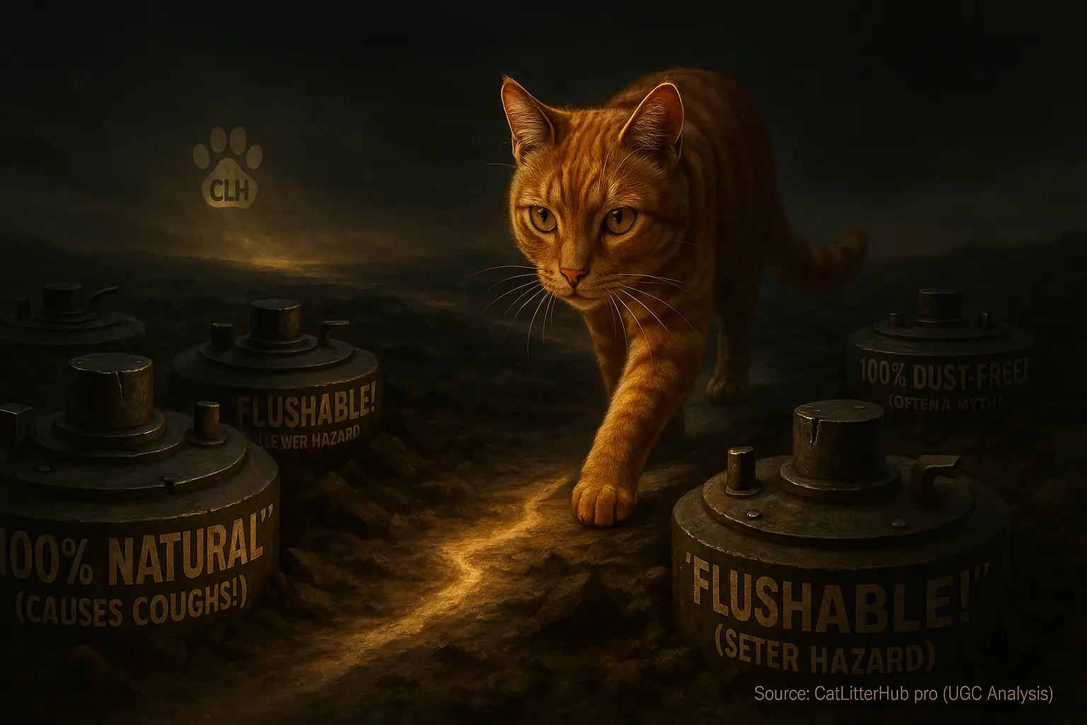 Determined cat navigates litter myth &#x27;mines&#x27; like &#x27;Flushable!&#x27;, Cat Litter Hub logo a guiding beacon.