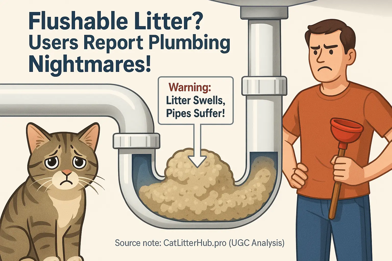 Infographic: &#x27;Flushable&#x27; litter clogs drain (cutaway view), causing &#x27;Plumbing Nightmares!&#x27; Sad cat &amp; owner shown.