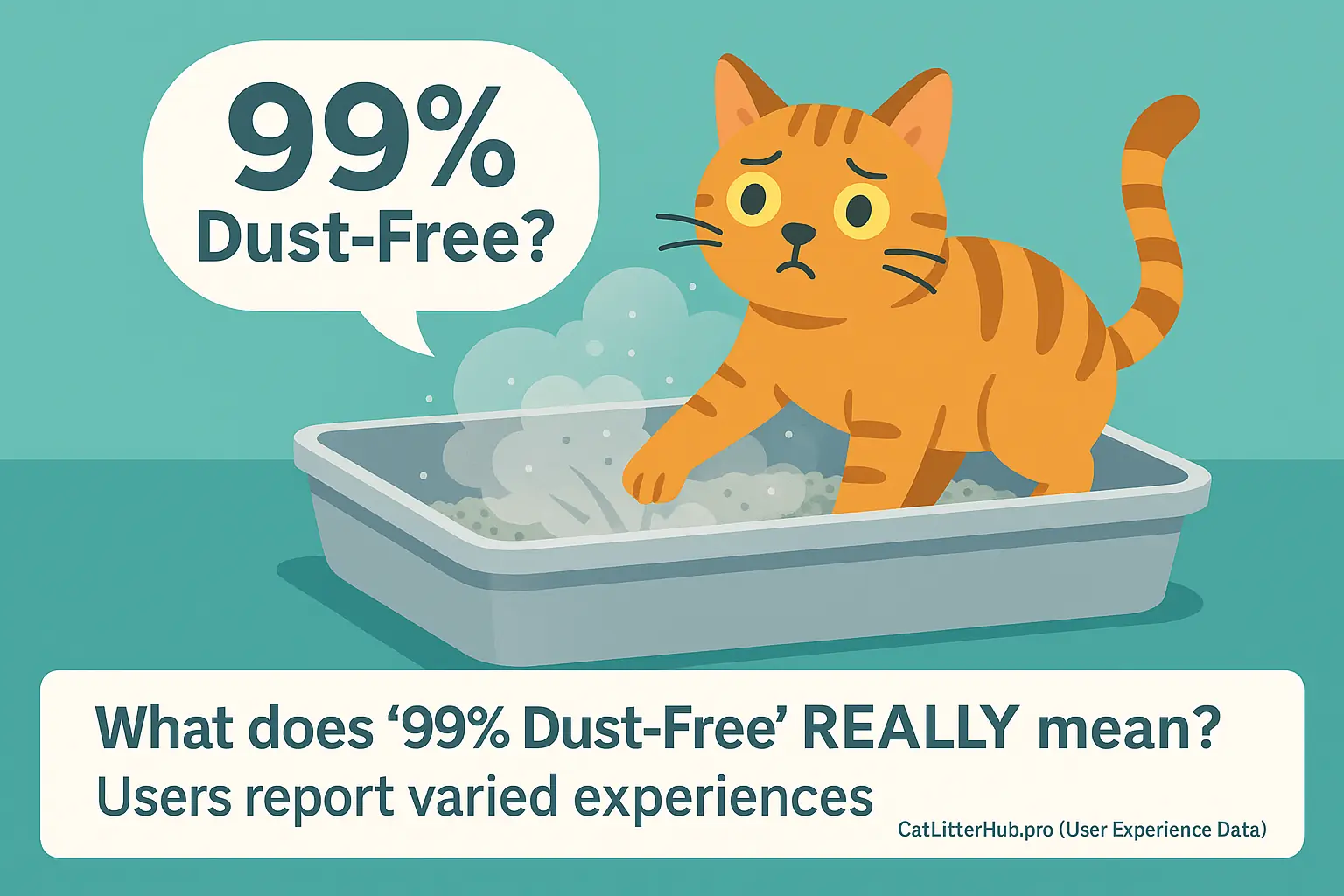 Cat in litter box creates dust. Large &#x27;99% Dust-Free?&#x27; question mark above questions the claim.