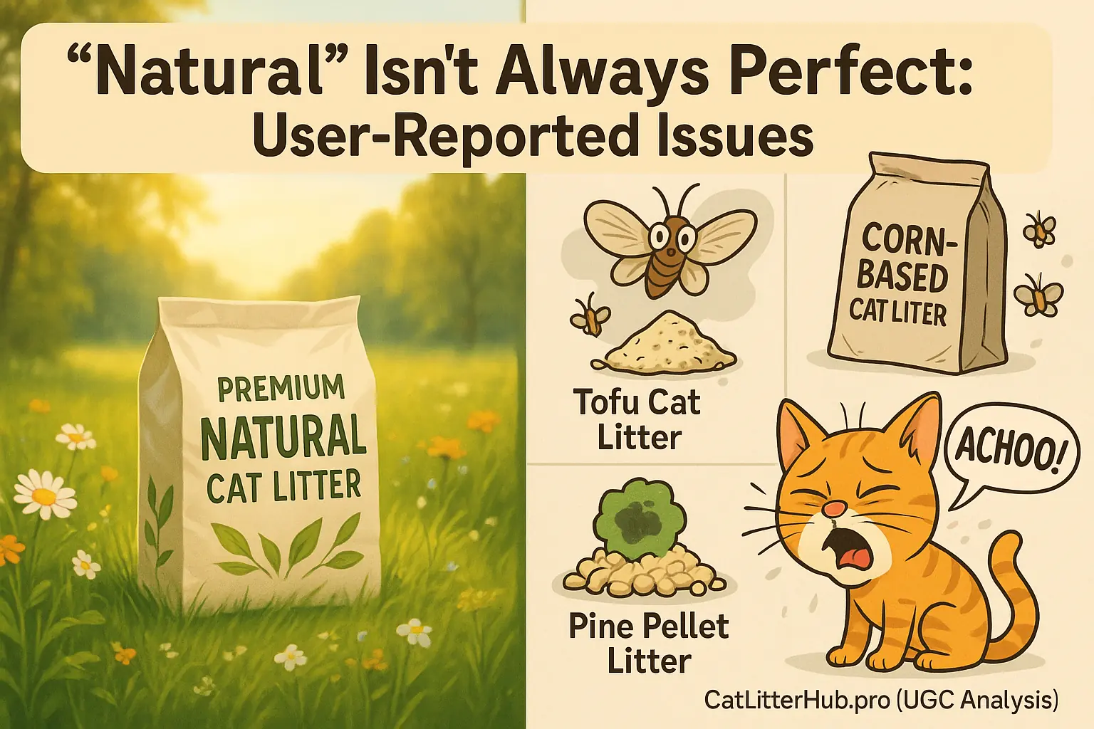 Split infographic: Idyllic &#x27;natural&#x27; litter vs. cartoon user-reported issues: moth (corn), mold (tofu), sneezing cat (pine).