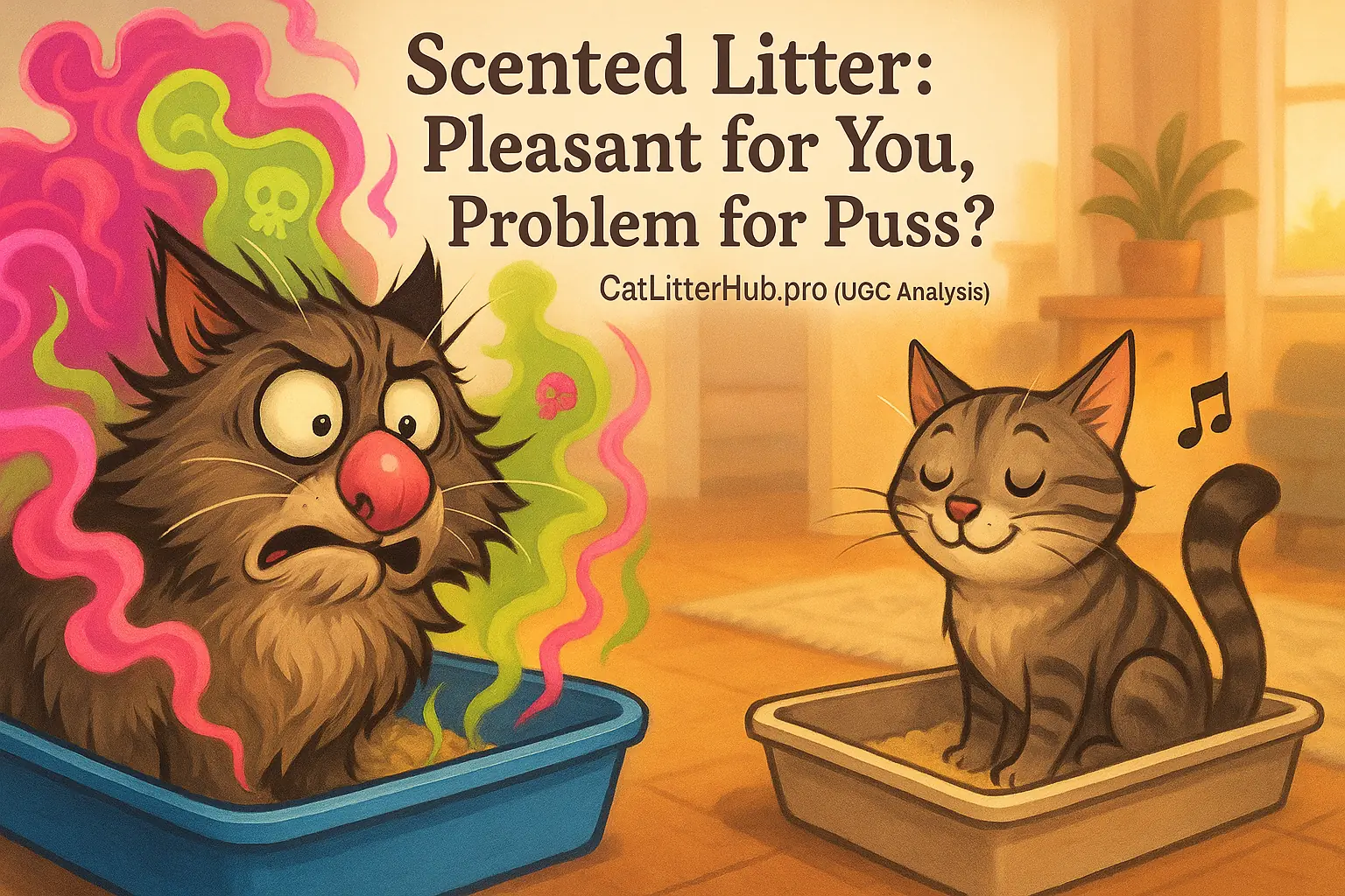 Cat with large sensitive nose eyes strong, colorful artificial litter scents skeptically; another cat happy in unscented box.