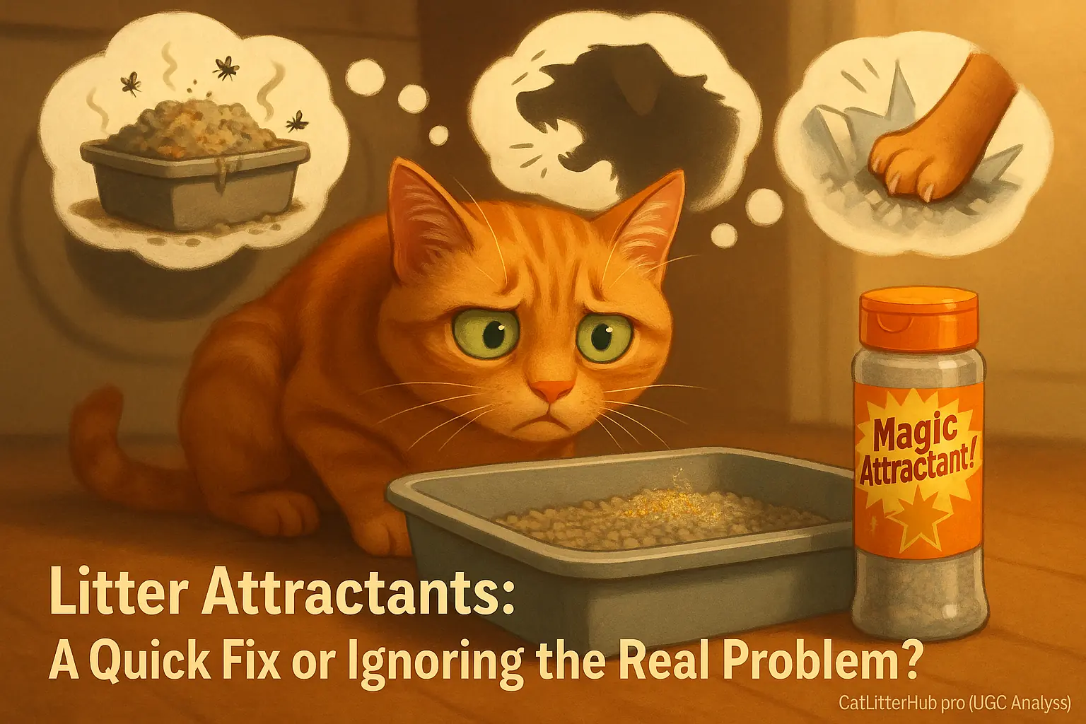 Cat eyes &#x27;Magic Attractant&#x27; litter suspiciously; thought bubbles show real issues: dirty box, scary dog, disliked litter