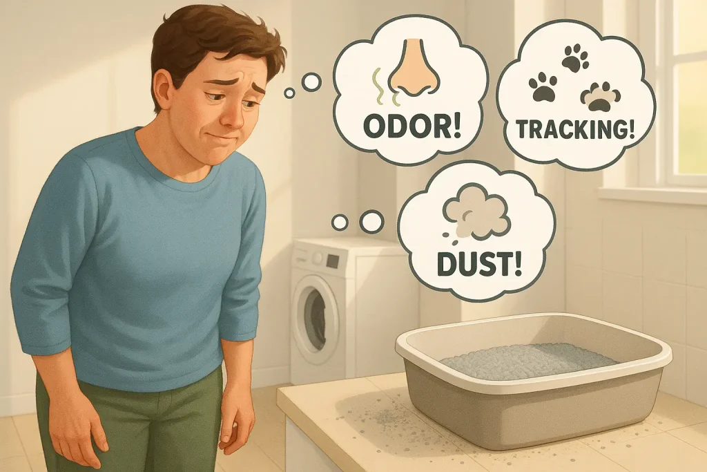 Exasperated but hopeful cat owner eyes a litter box; thought bubbles show odor, tracking, and dust.