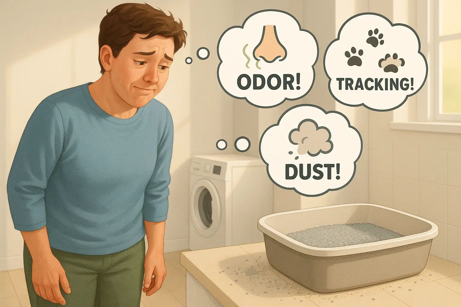 Exasperated but hopeful cat owner eyes a litter box; thought bubbles show odor, tracking, and dust.