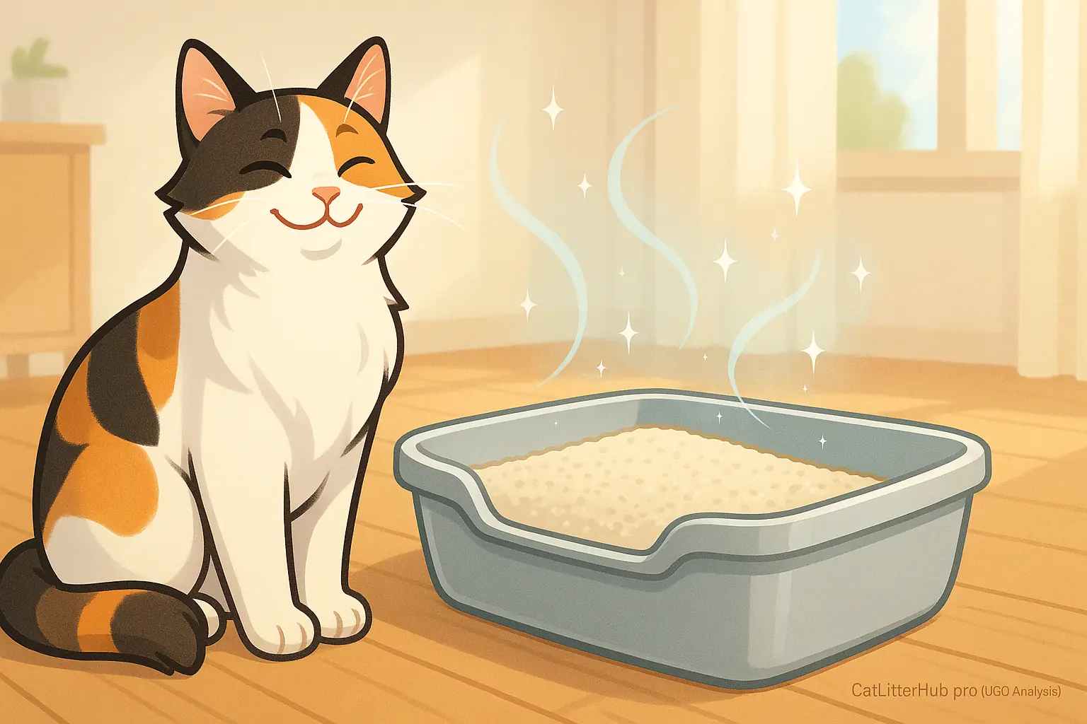 A content cat enjoys its pristine, odor-free litter box, thanks to odor annihilation tactics.