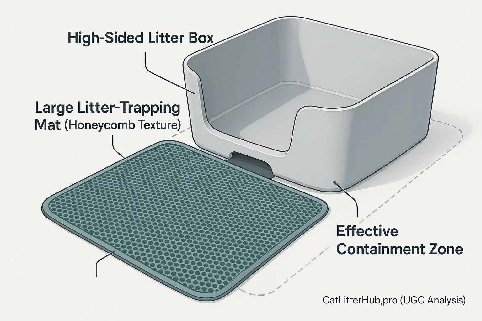 Litter box containment zone with mat and high-sided box to prevent tracking.