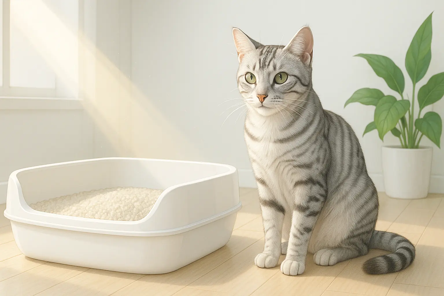 Cat relaxes by litter box in a clean room; a sunbeam reveals minimal dust, ensuring a breathable environment.