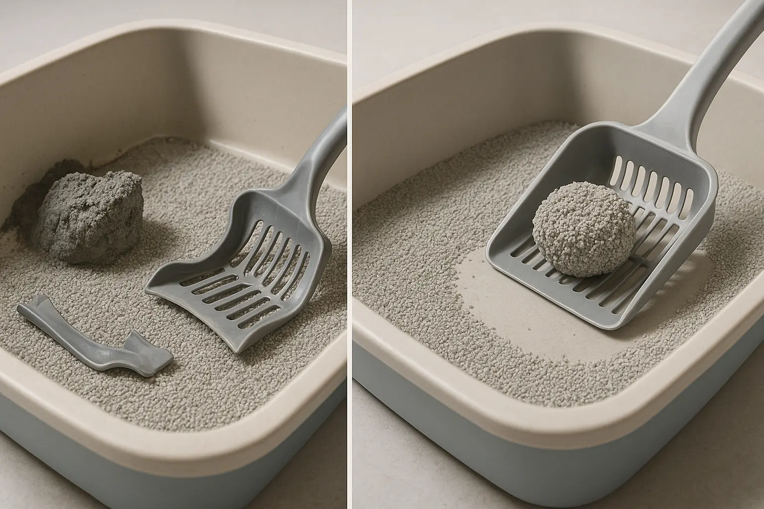 Side-by-side: an easily scooped litter clump versus a hard, stuck &#x27;litter-crete&#x27; mass.