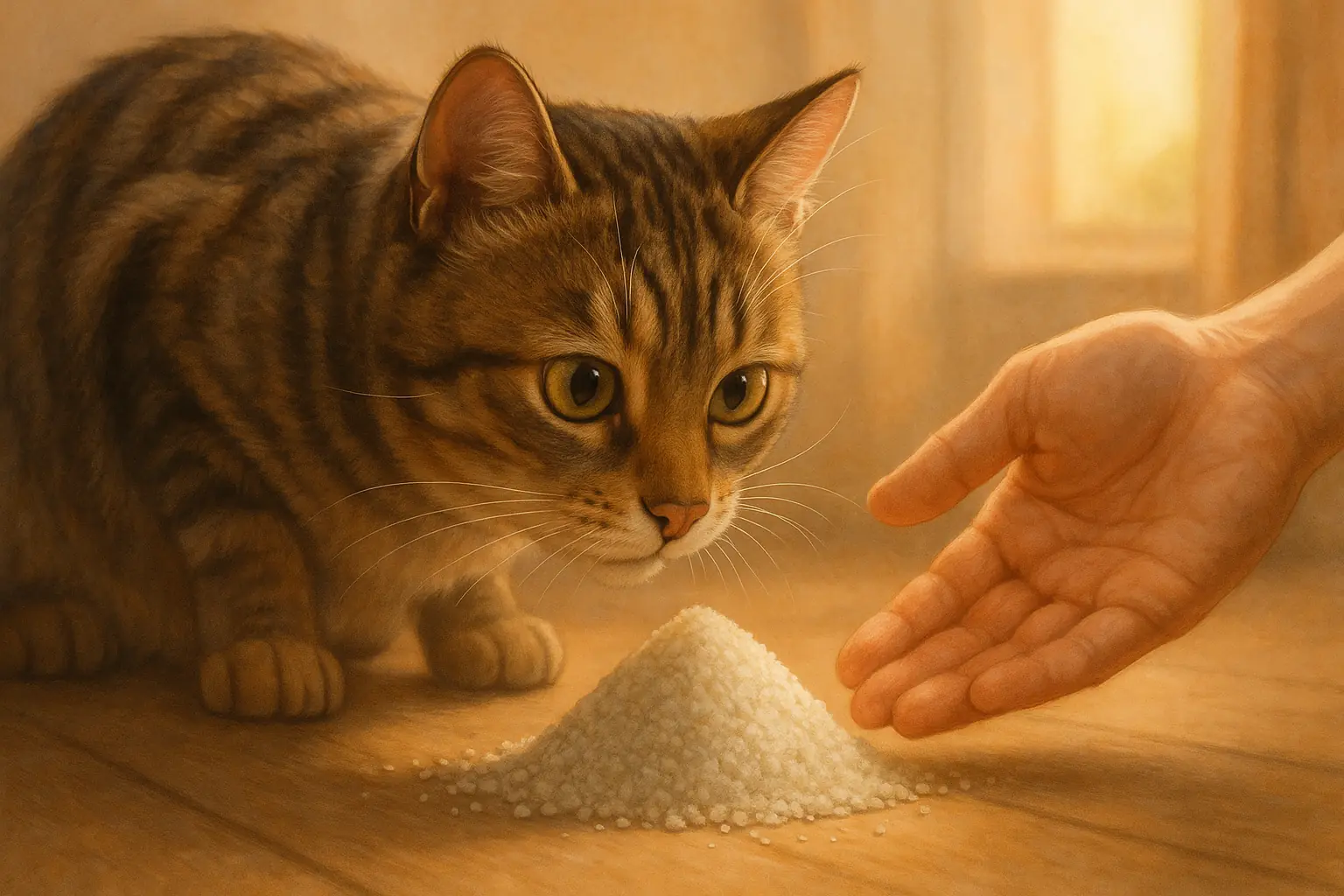 Cat cautiously sniffs new litter gently offered by a human hand.