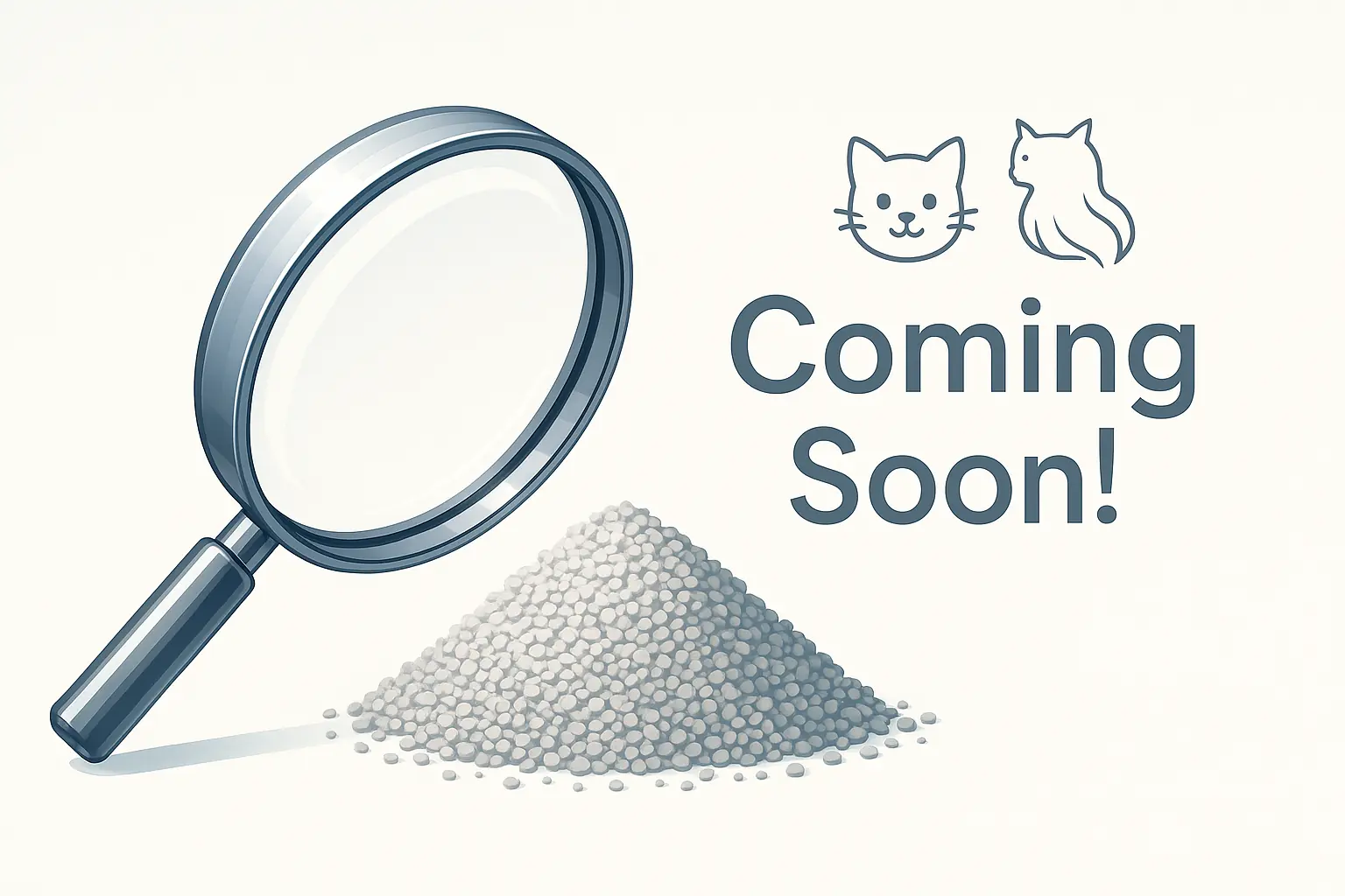 Magnifying glass over cat litter with &#x27;Coming Soon!&#x27; text and icons of kittens and long-haired cats.