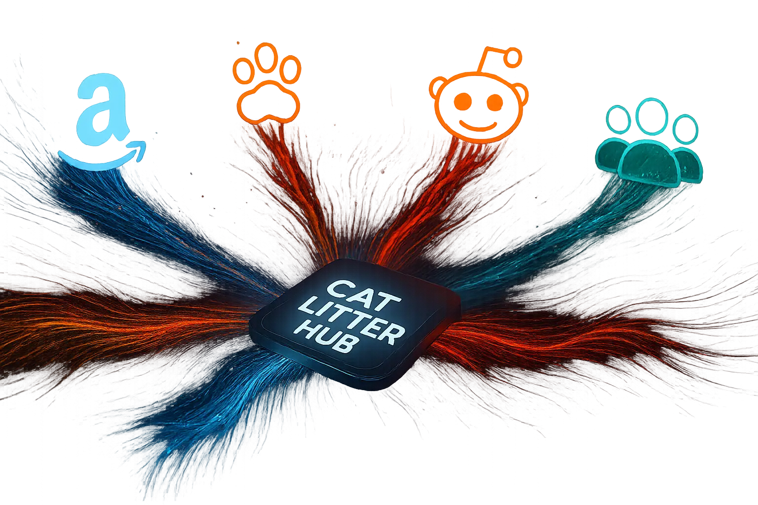 Data streams from stylized e-commerce, forum, social media icons converge at Cat Litter Hub logo, symbolizing data