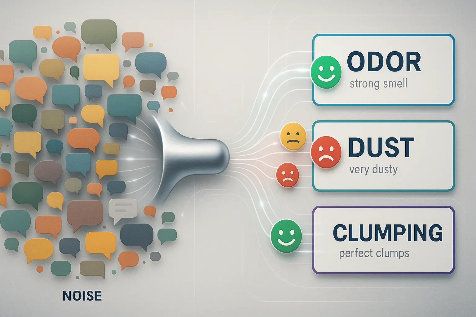 Text bubbles with smiley, frowny, neutral sentiment icons being sorted into litter attribute categories: Odor, Dust,