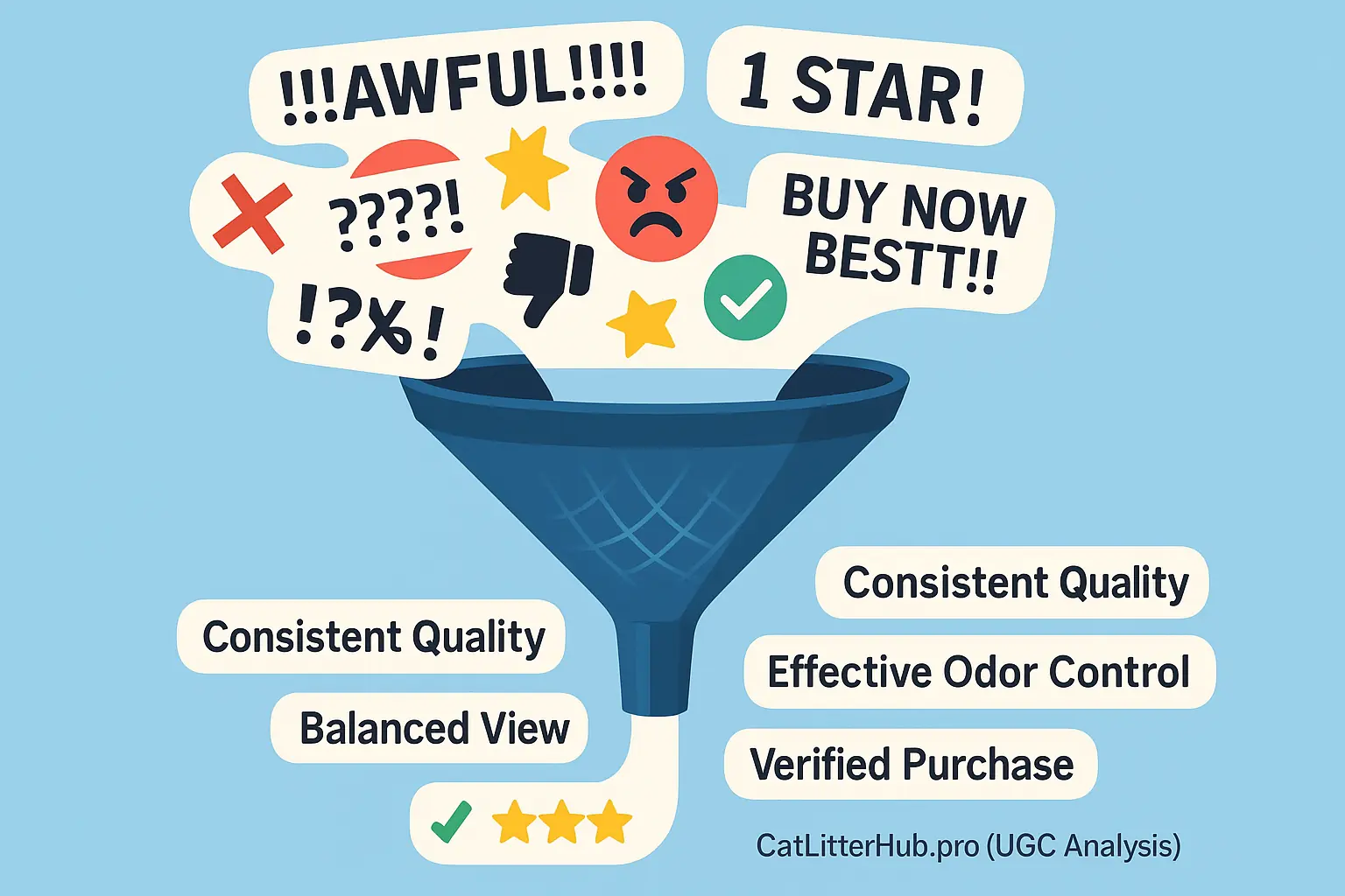 Funnel filters raw, chaotic review data (mixed icons, text) into refined, trustworthy insights (clean icons, checkmarks).