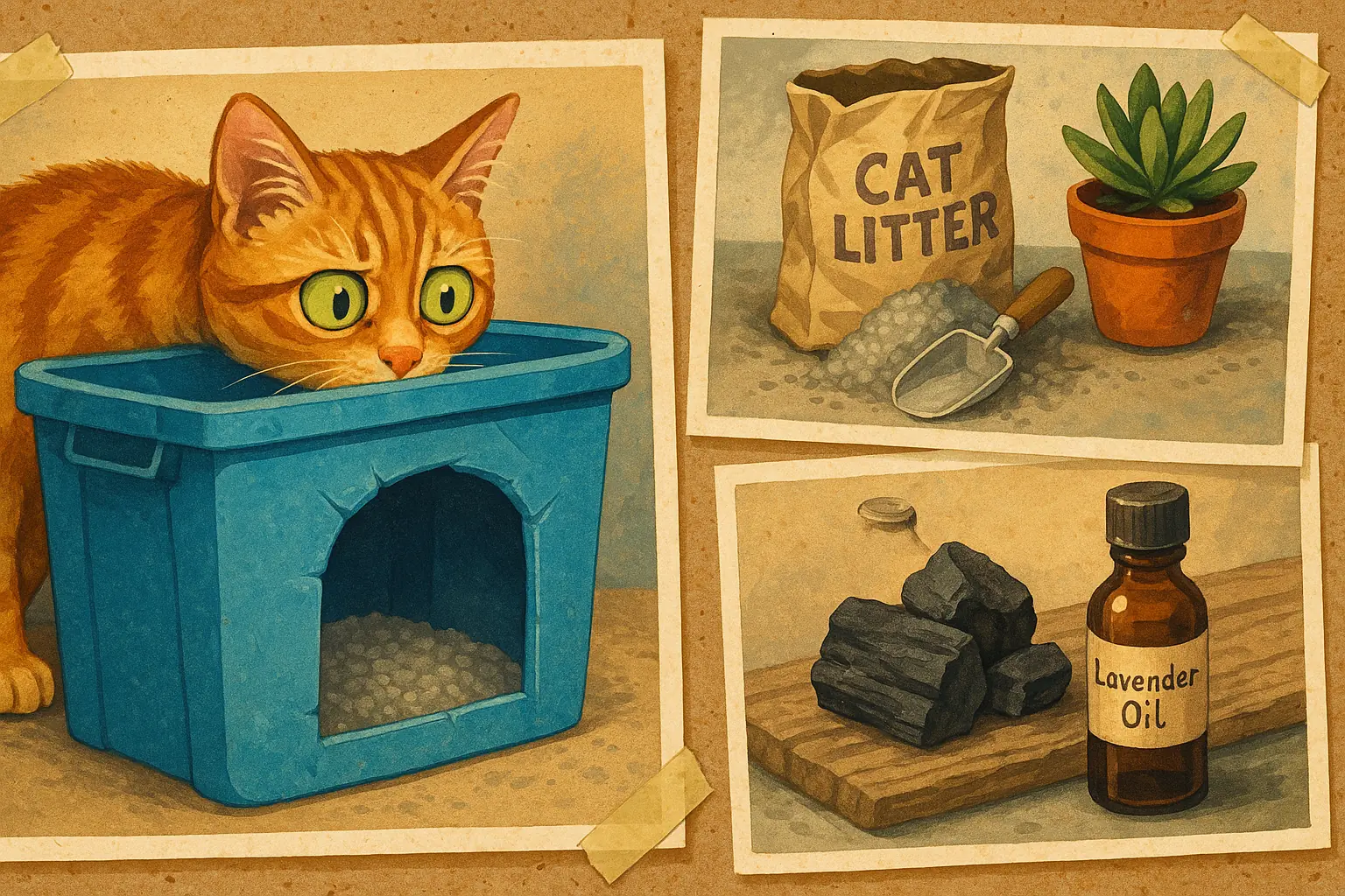 Quirky litter hacks collage: skeptical cat at DIY box, litter bag by garden tools, essential oil with charcoal.