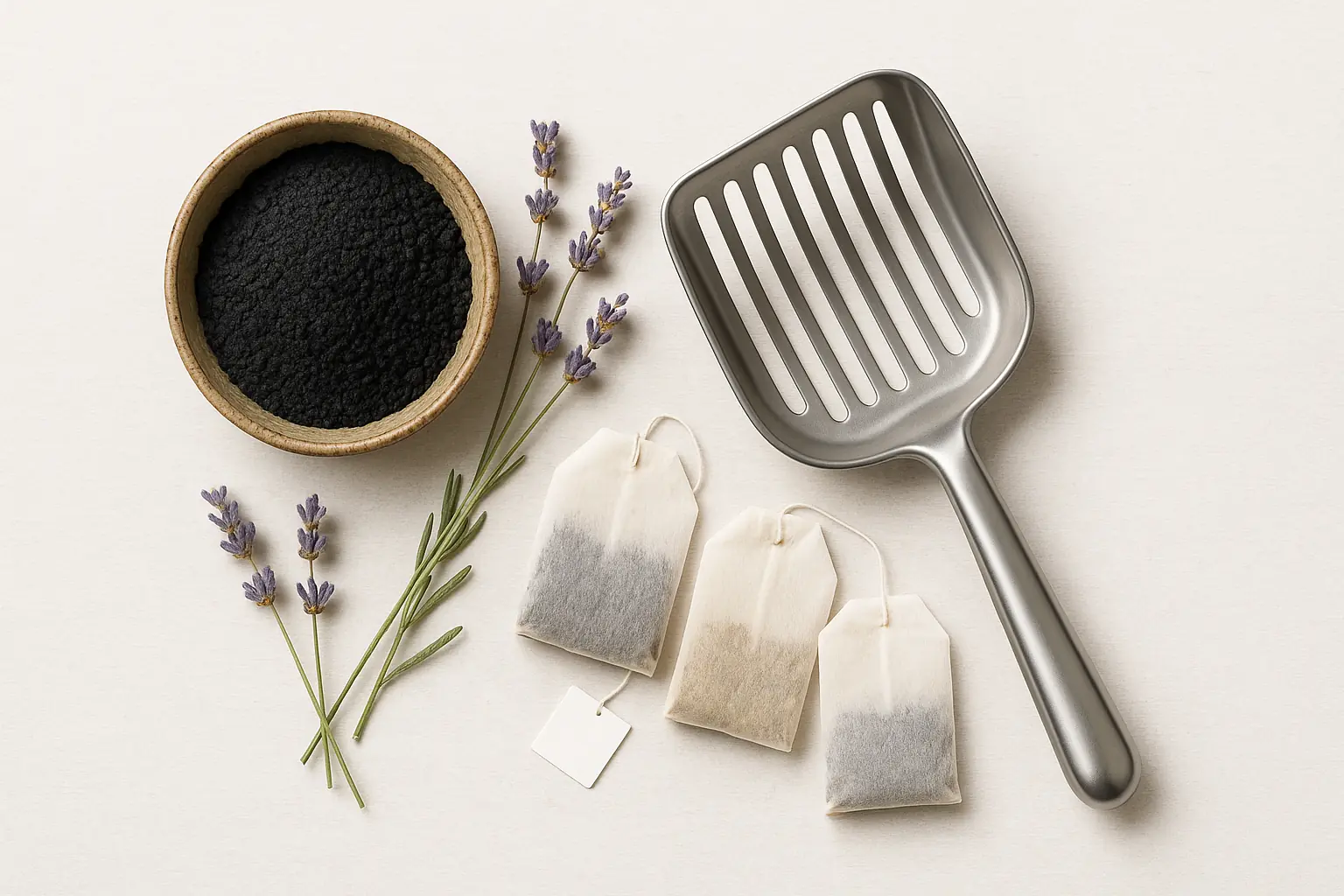 Flat lay: activated charcoal, lavender, tea bags, litter scoop—DIY litter deodorizer alternatives.