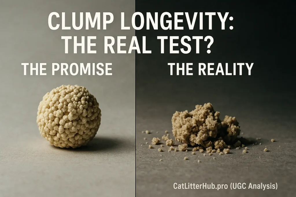 Perfect Sustainably Yours clump vs. messy, crumbled clump, symbolizing promise vs. reality. Text: 'Clump Longevity: The Real