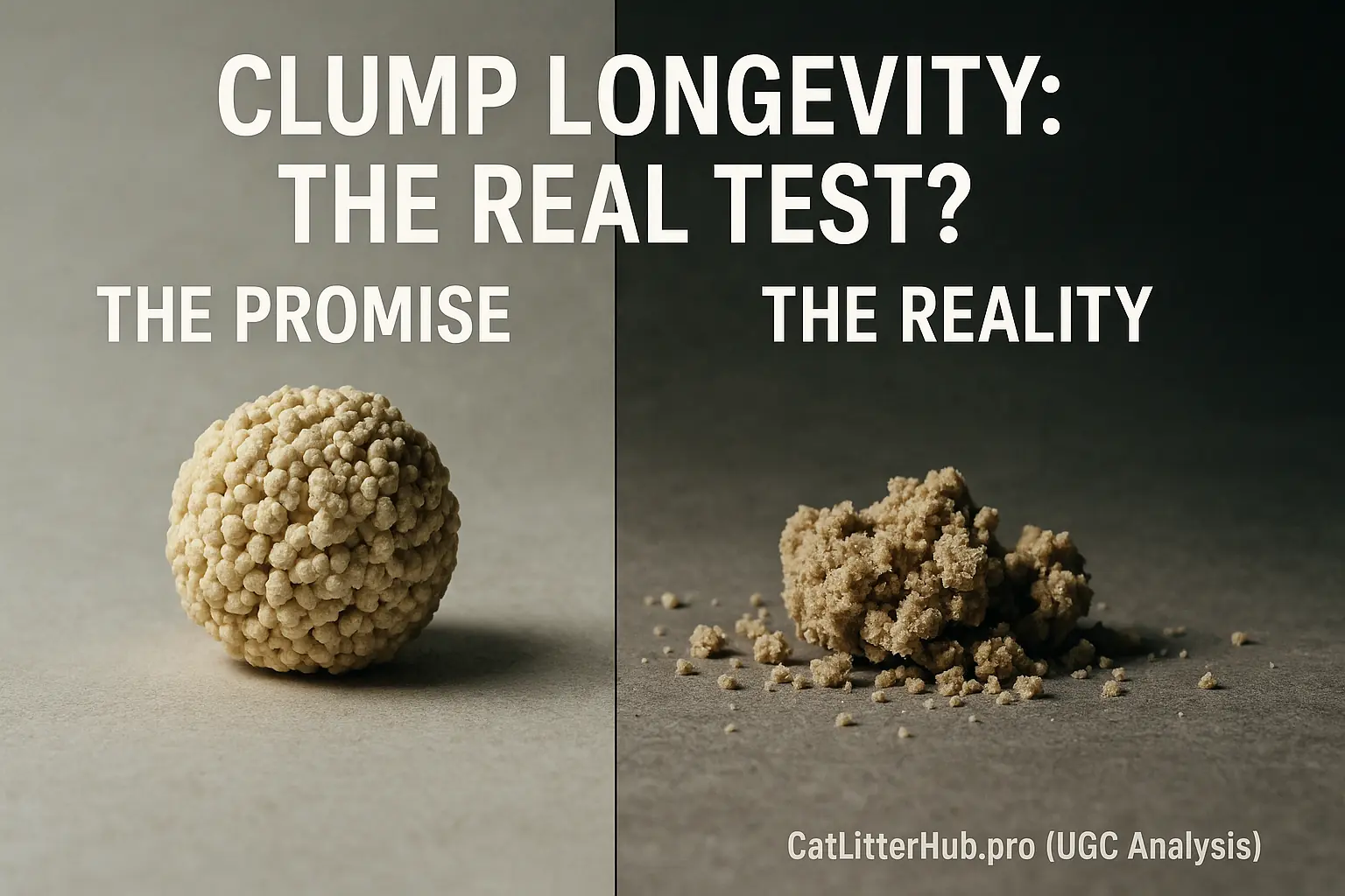 Perfect Sustainably Yours clump vs. messy, crumbled clump, symbolizing promise vs. reality. Text: 'Clump Longevity: The Real