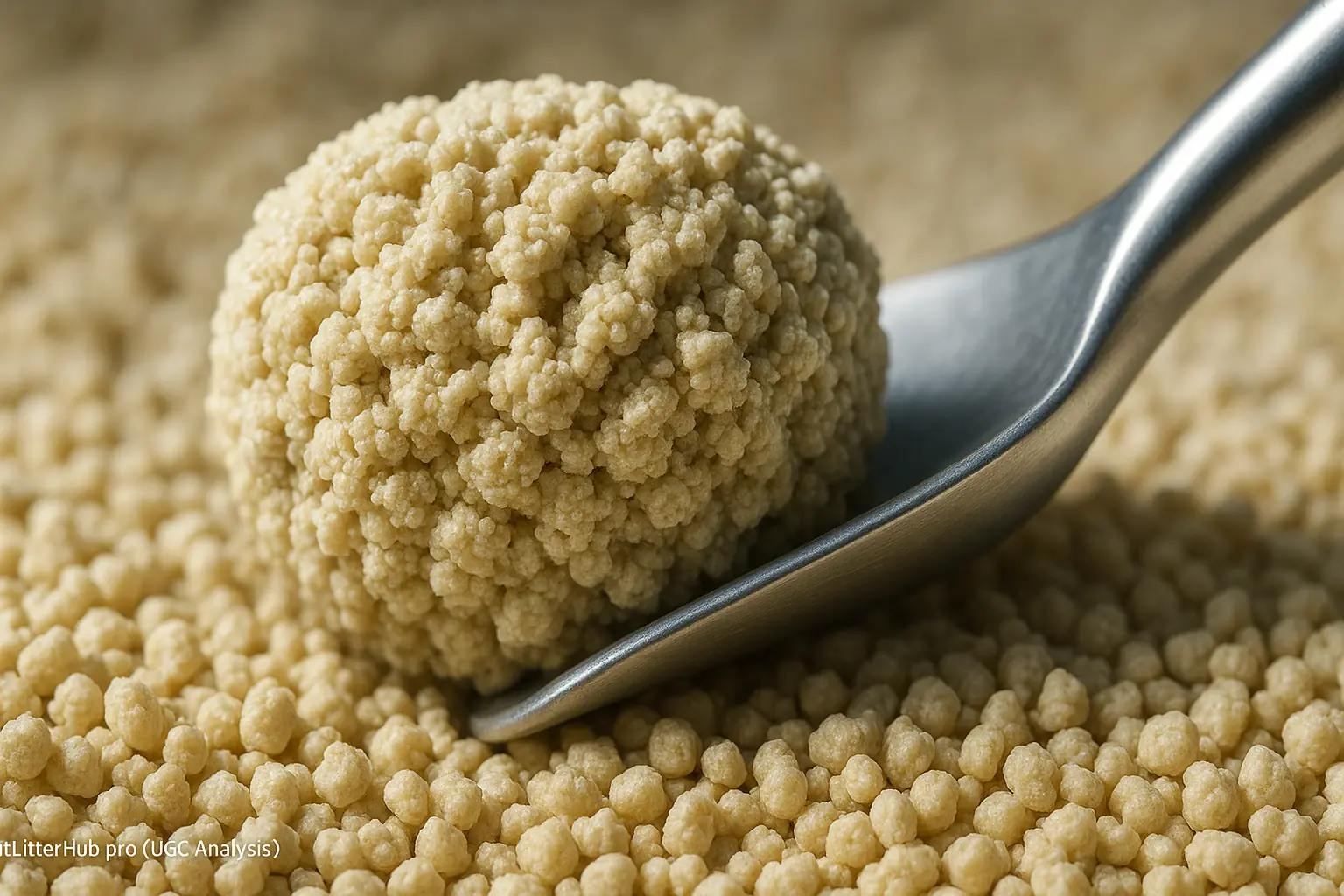 Close-up of a solid, textured Sustainably Yours corn/cassava litter clump, a scoop testing its initial hardness.