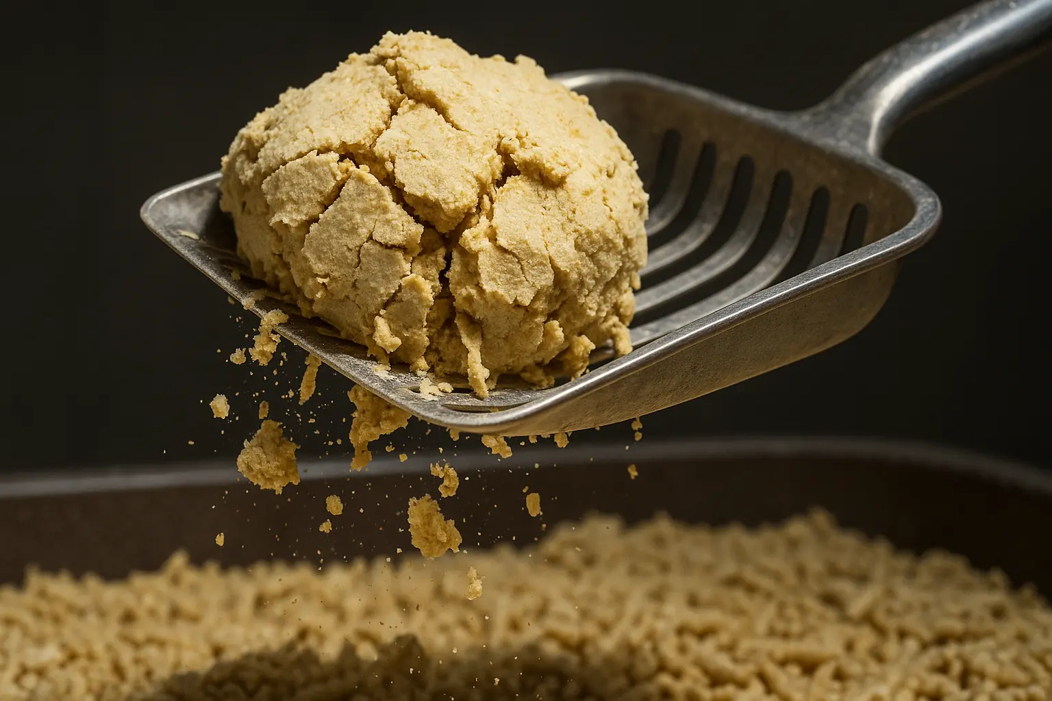 Cat litter scoop tries to lift a corn/cassava clump that crumbles and breaks apart, pieces falling.