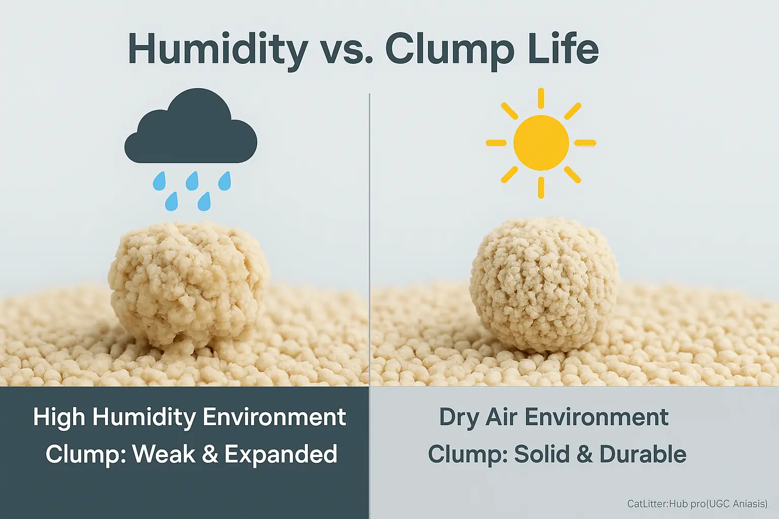 Infographic 'Humidity vs. Clump Life': Weak, expanded clump (humidity icon) vs. solid clump (dry air icon), showing