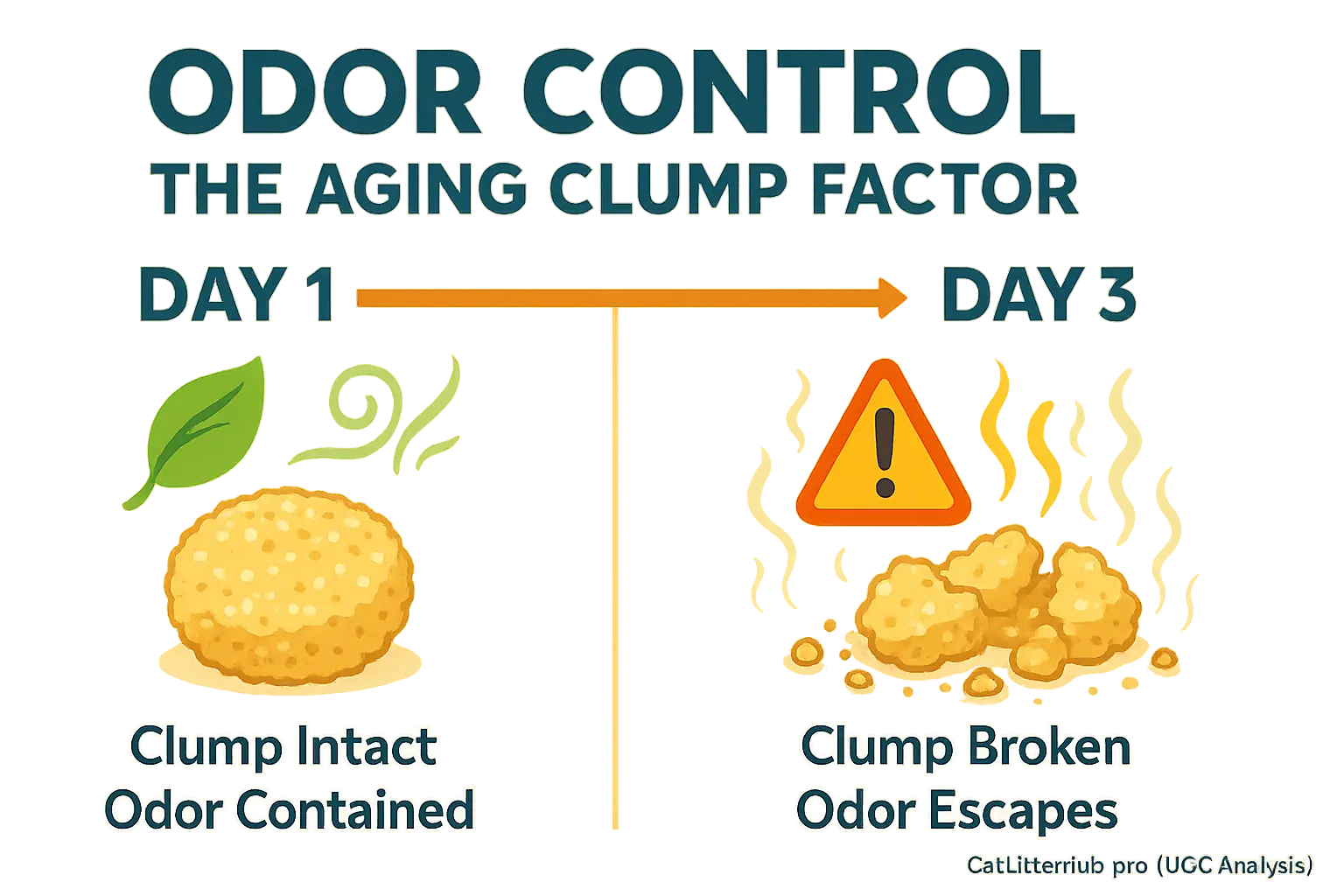 Timeline: Day 1 litter clump, fresh icon. Day 3, clump broken, stinky icon, showing odor control loss with age.