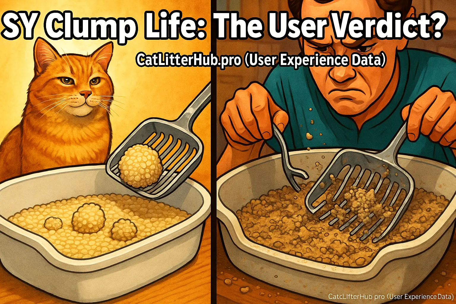 Split: Happy cat, solid clumps. Frustrated owner, crumbled litter, broken scoop. Text: 'SY Clump Life: User Verdict?'
