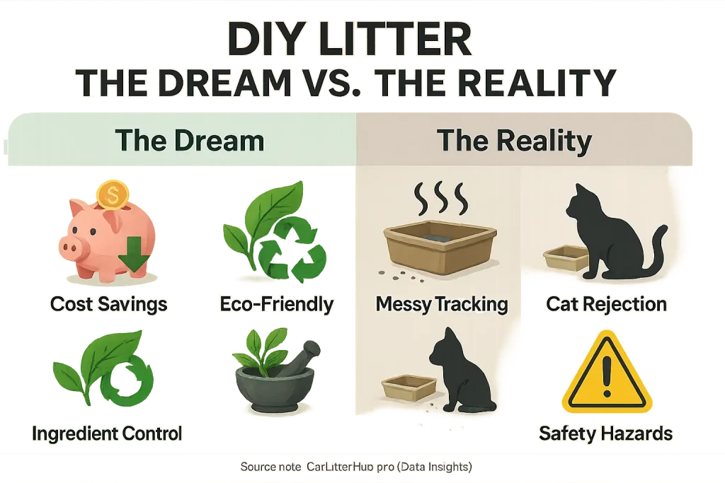 Infographic: DIY litter dream icons (cost savings, eco, control) vs. reality icons (poor odor, mess, rejection, hazards).